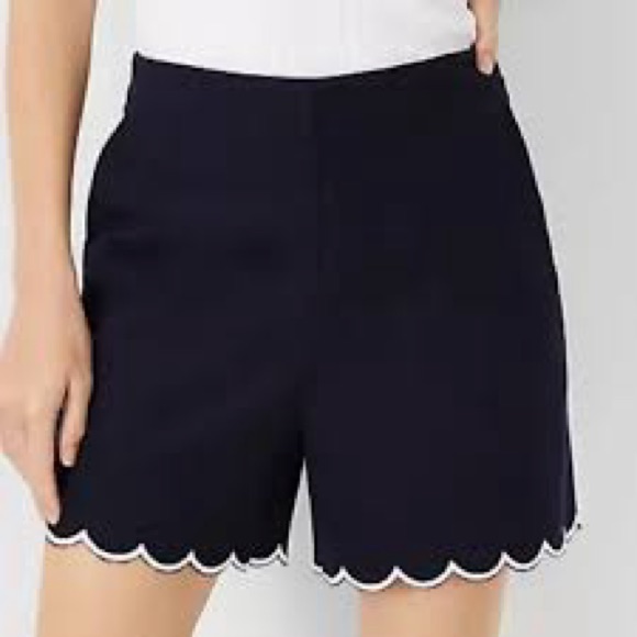 Ann Taylor High Rise Shorts With Pockets Scallop Hem Navy W/ White Trim Size 10